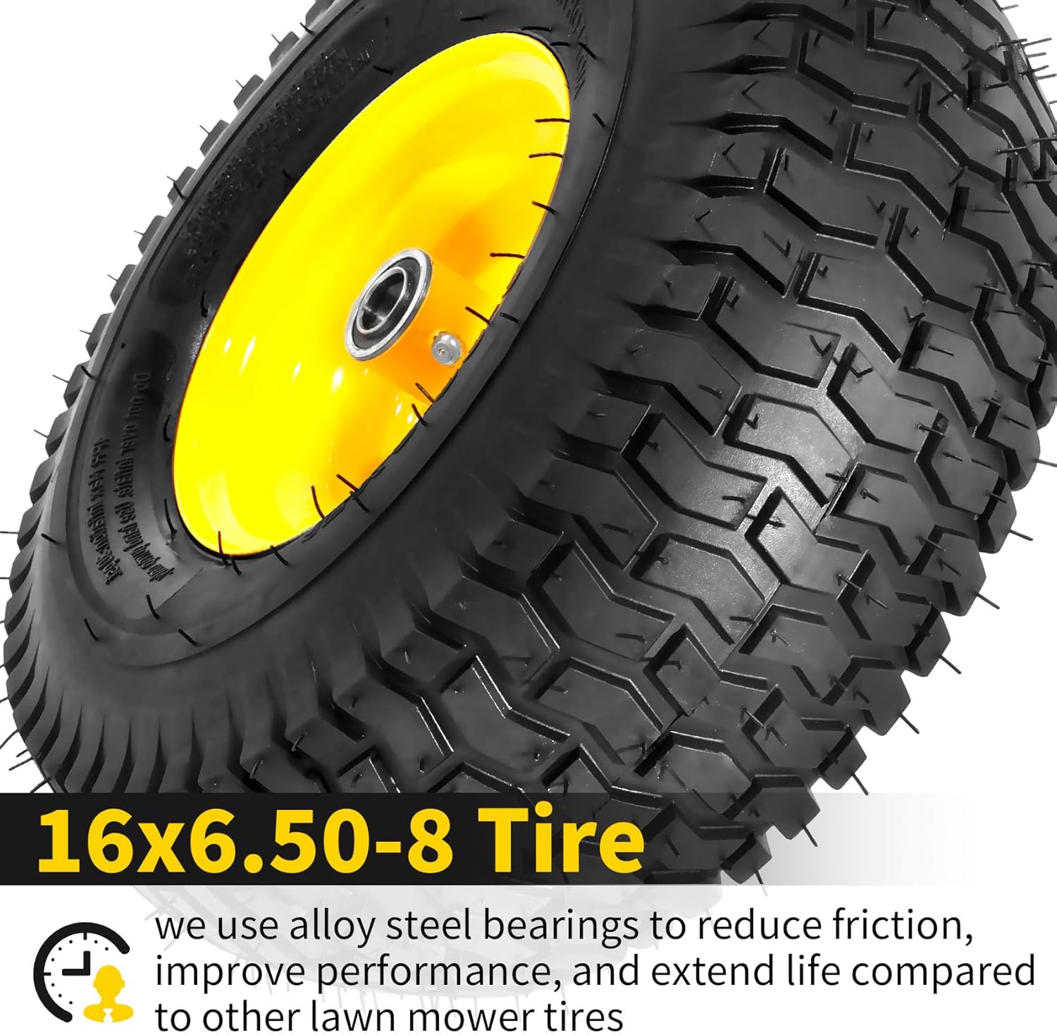 RONPOW 16x6.50-8 Tubeless Lawn Mower Tire and Wheel, [3/4 Bearing], Riding Lawn Mower and Tractor Front Tire Replacement Assembly, Compatible with john deere Mower, 3 Offset Hub, 2Pack Yellow